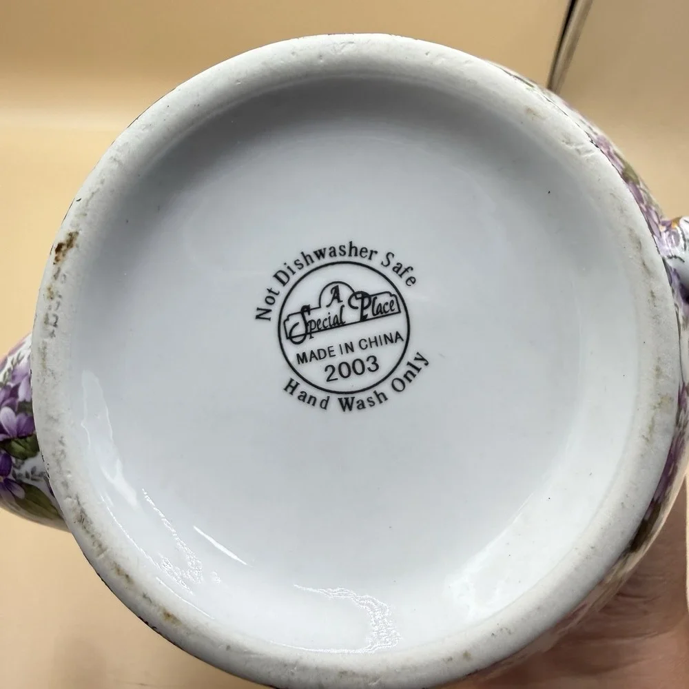 A Special Place Tea Pot Victorian Pansies Floral Purple Vintage 2003 Cottagecore